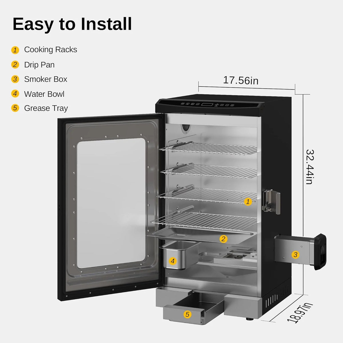 30 Electric Smoker. Outdoor Smoker with Glass Door & Meat Thermometer. 725 Sq Inch Large Capacity. 4 Detachable Racks for Backyard BBQ. Party. Outdoor Cooking Night Blue