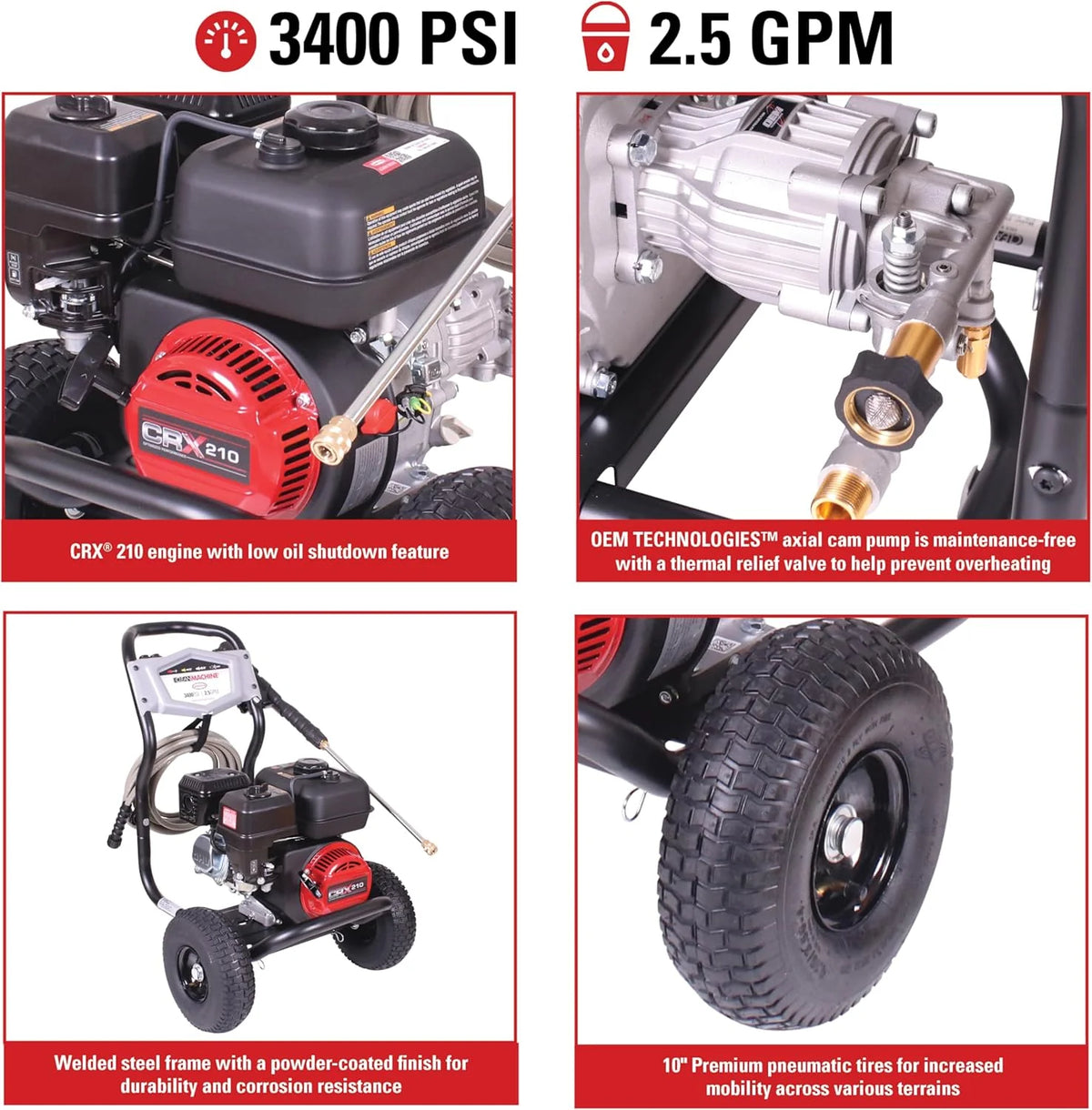 Cleaning CM61083 Clean Machine 3400 PSI Gas Pressure Washer. 2.5 GPM. CRX Engine. Includes Spray Gun and Wand. 4 QC Nozzle Tips. 5/16-in. x 25-ft. MorFlex Hose.