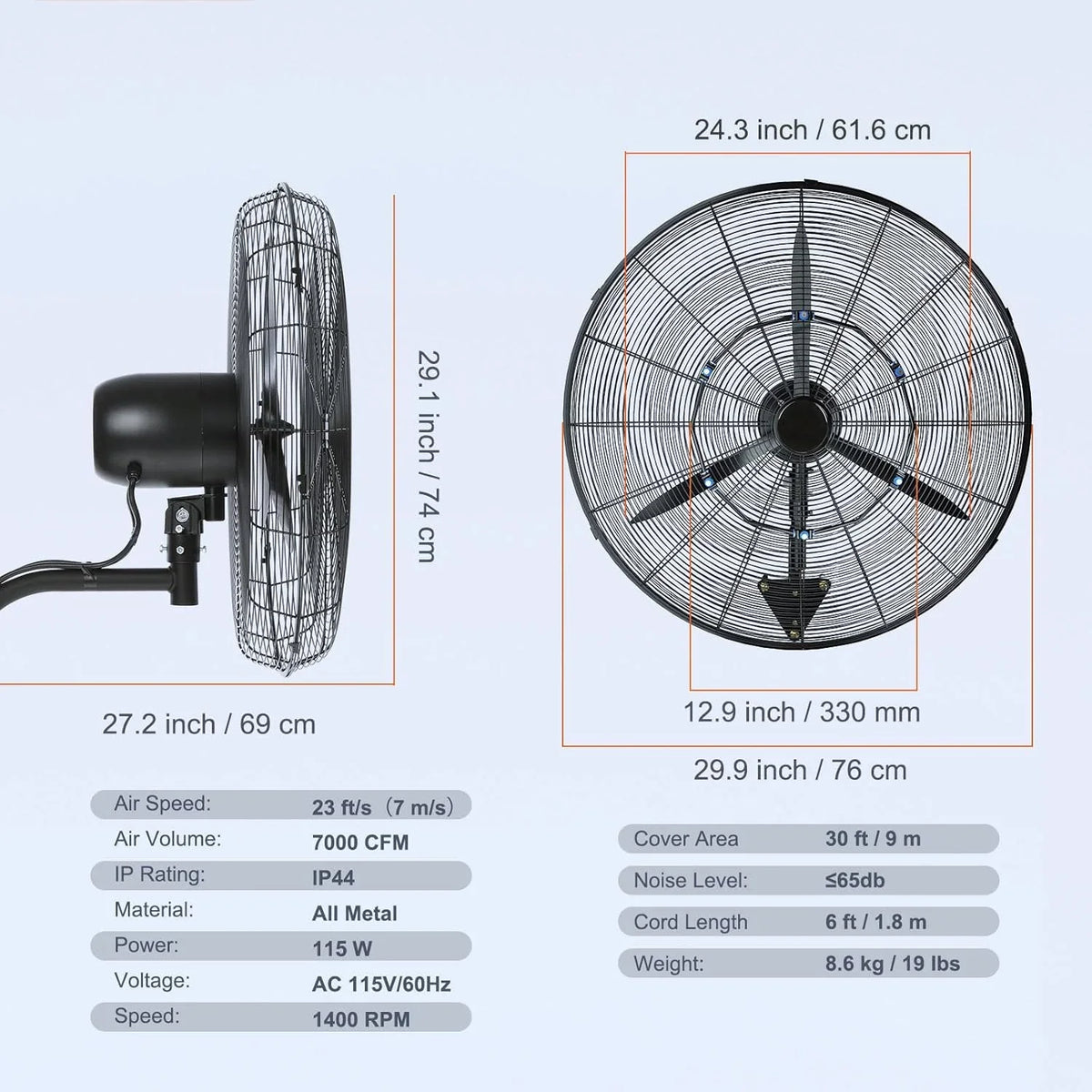 VEVOR Nebelventilator. 61.6 cm oszillierender. wasserdichter Ventilator. 3 Geschwindigkeiten. 7000 CFM. gewerblicher oder privater Ventilator zur