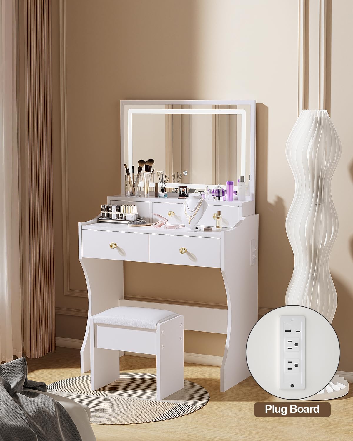 Makeup Table with Extra Large Mirror and Lights. 80cm Dressing Table with Stool
