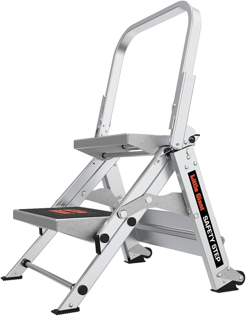 Little Giant Ladder. Safety Step. Three-step Design. 3 feet high. Footrest. Aluminum. Type 1A. Load Capacity 300 pounds