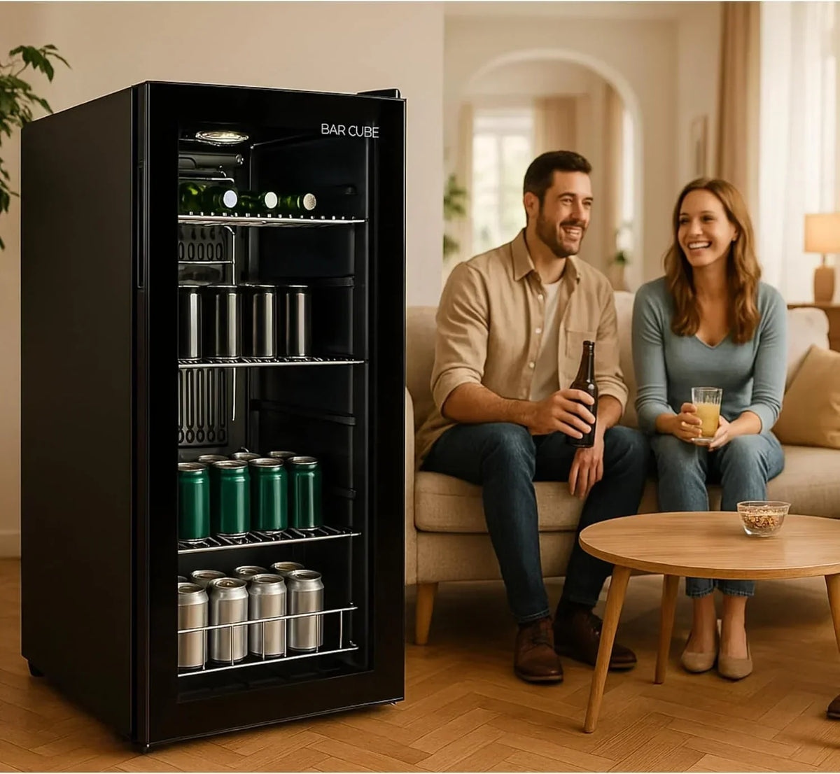 °CUBES Getränkekühlschrank 90L mit Glastür & 4 variablen Ablagen | Kompakter Flaschenkühlschrank. perfekt für zu Hause. Büro. Partys & Gastro |