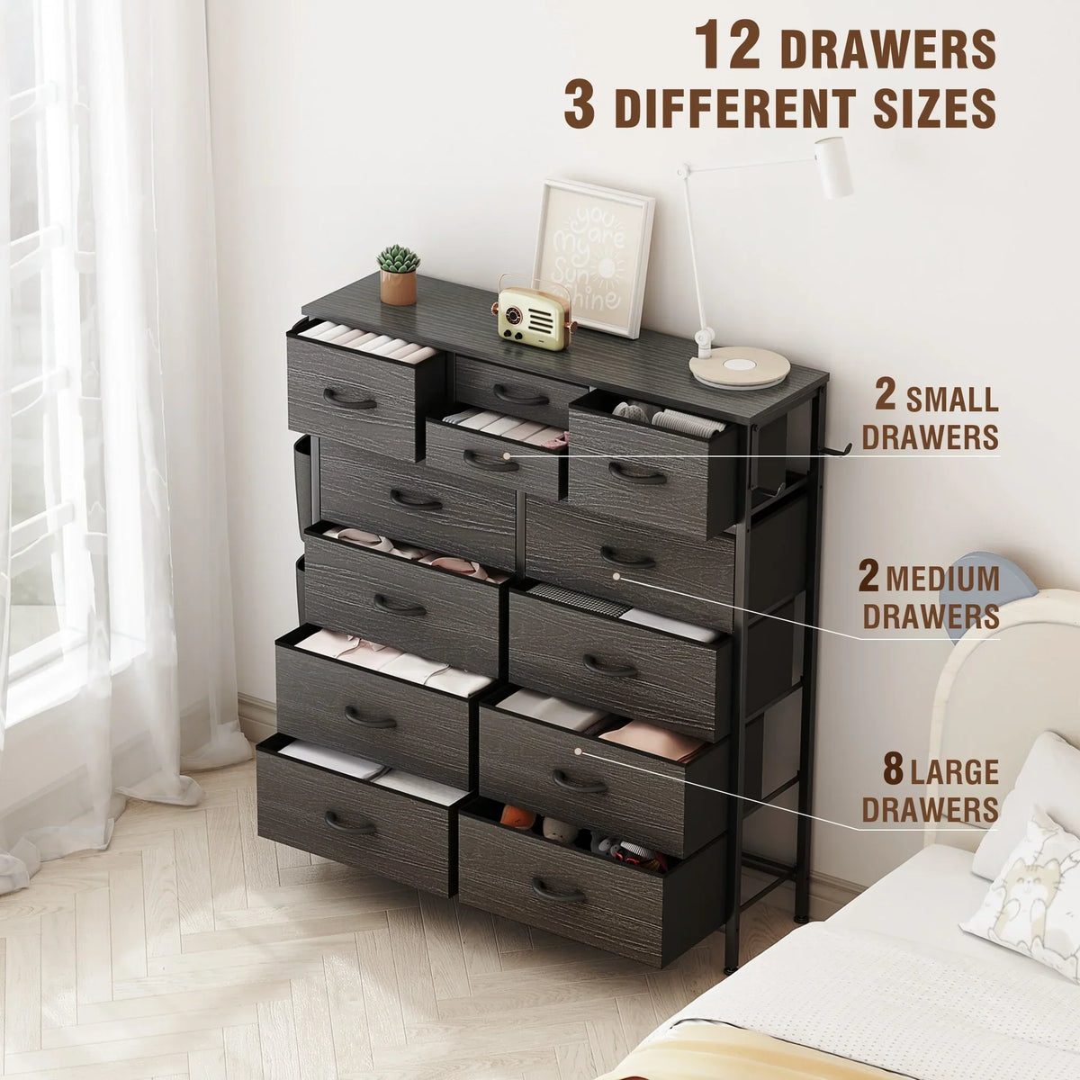 12 Drawer Fabric Dresser. Tall Bedroom Chest of Drawers with Storage
