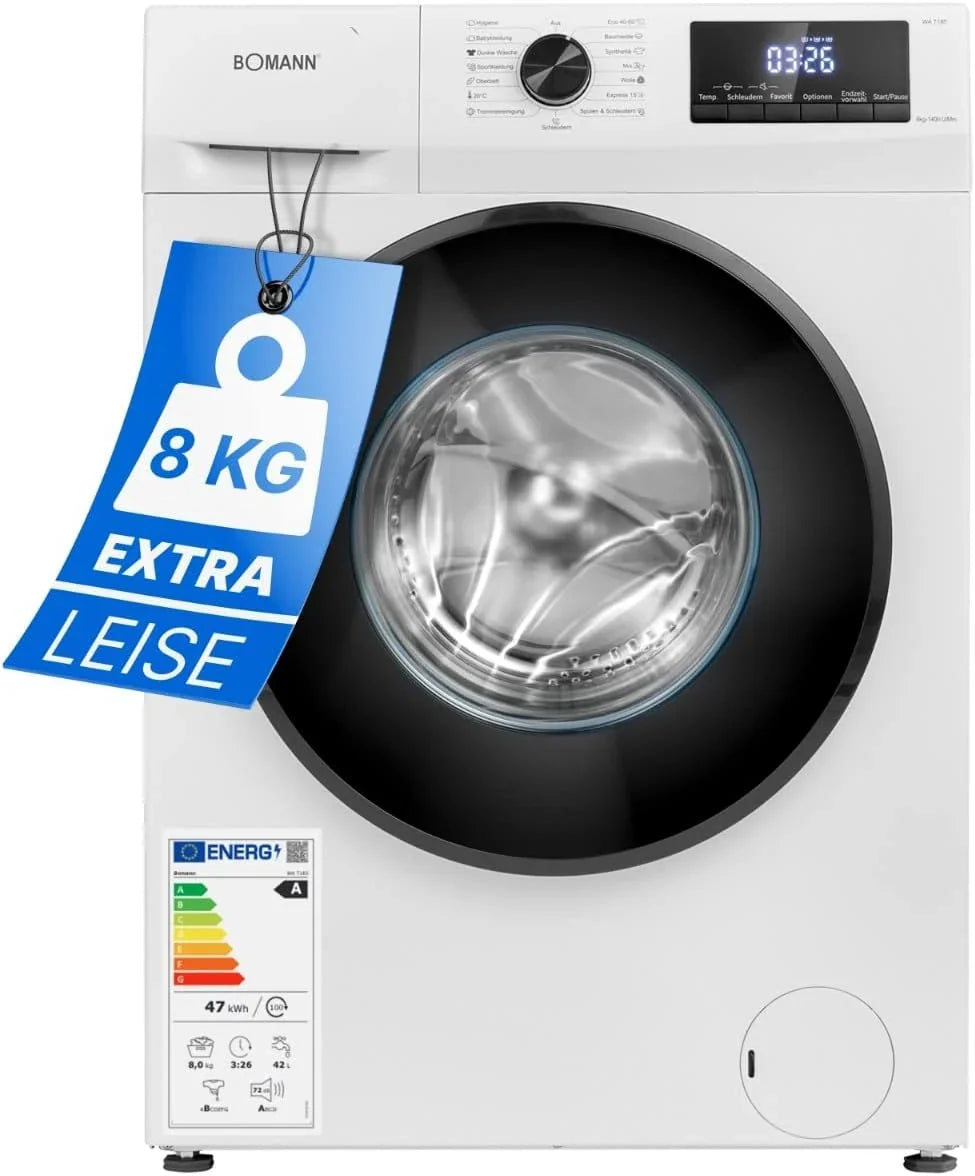 Bomann Waschmaschine 8kg | max. 1400 U/min | 10 Jahre Motor-Garantie | robuster. leiser & langlebiger Invertermotor | 15 Waschprogramme | LED-Display