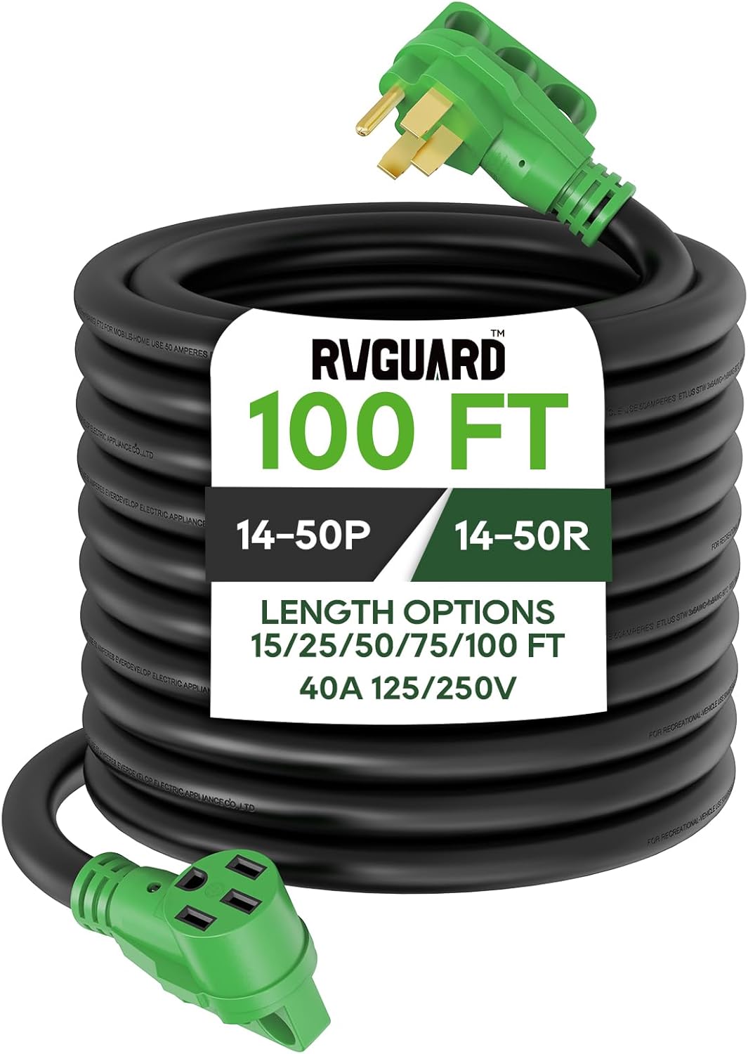 40 Amp 100 Foot RV/EV Extension Cord. NEMA 14-50P/R Heavy Duty Extension Cord with LED Power Indicator and Cord Organizer. Green.