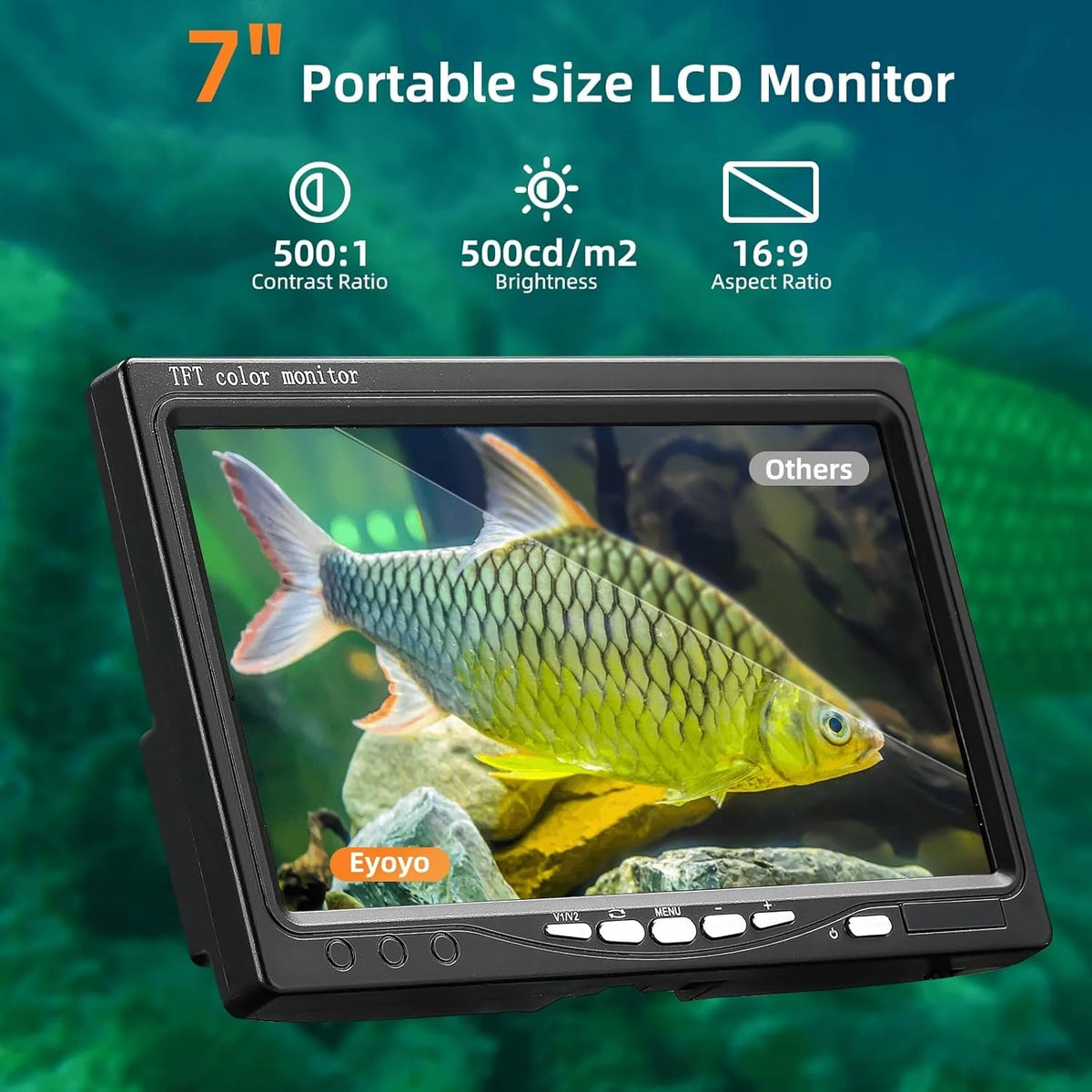 Underwater fishing photography and videography camera. underwater fish detector. fishing photography and videography camera on land/water/river/ice surface. 1000TVL resolution. 7-inch display screen. built-in 12 white lights. 15-meter long cable