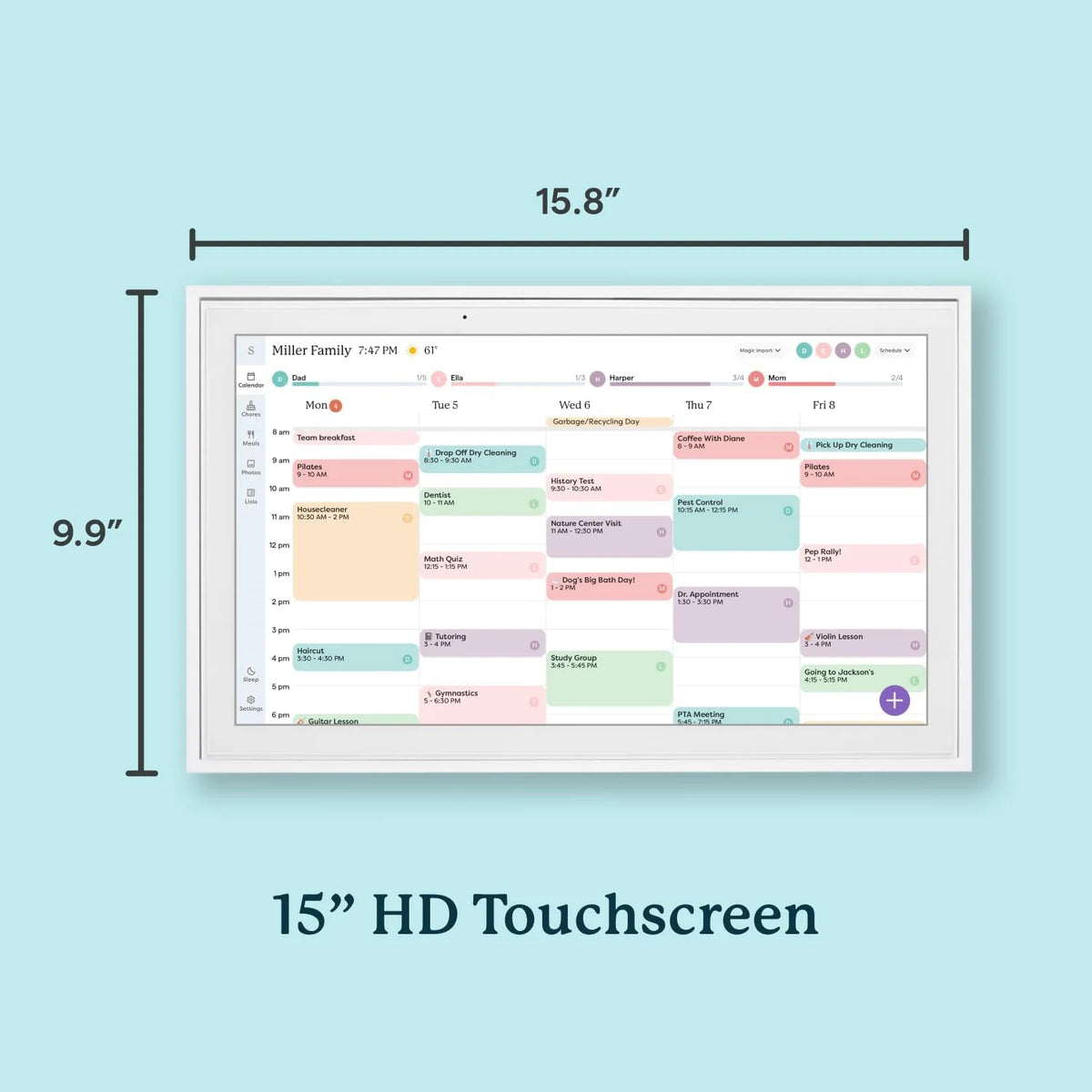 15 Inch Digital Wall Planner & Chore Chart. Smart Family Calendar Organizer Display for Home Organization