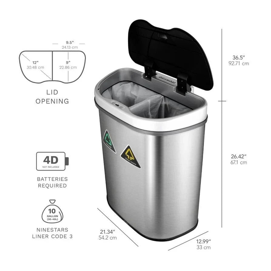 18 Gallon Dual Compartment Motion Sensor Trash Can. Automatic Hands-Free Kitchen Garbage Bin