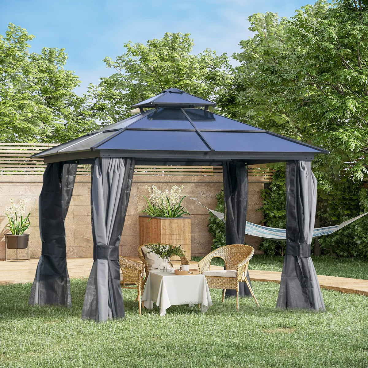10 feet x 12 feet hard-top awning canopy. polycarbonate roof. aluminum frame. permanent outdoor awning. with net cover. suitable for patios. gardens. backyards. terraces. lawns. grasslands. light gray.