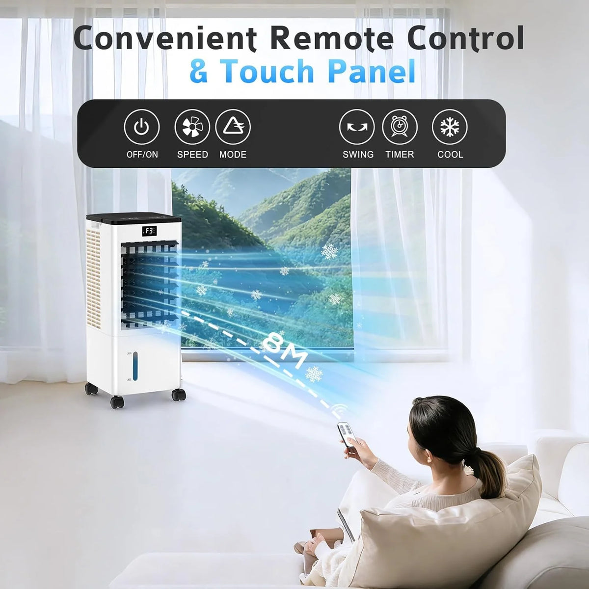 Aire Acondicionado Portátil sin Tubo. Enfriador de Aire Grande 4 en 1. 4 Modos 3 Velocidades. Climatizador Evaporativo 60W. Temporizadores de 1-12 H.