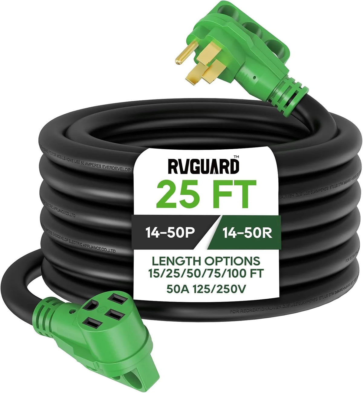 50 Amp 50 Foot RV/EV Extension Cord. NEMA 14-50P/R Heavy Duty Extension Cord with LED Power Indicator and Cord Organizer. Green. ETL Listed