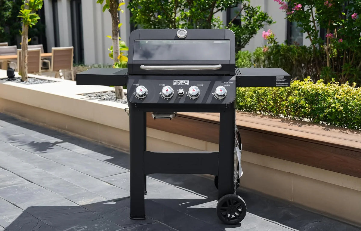 Grills 4-Burner Liquid Propane Gas Grill. Silver Stainless Steel Grill Outdoor Patio Garden Barbecue Grill with Clearview® Lid and One Foldable Shelf. Mesa400MF