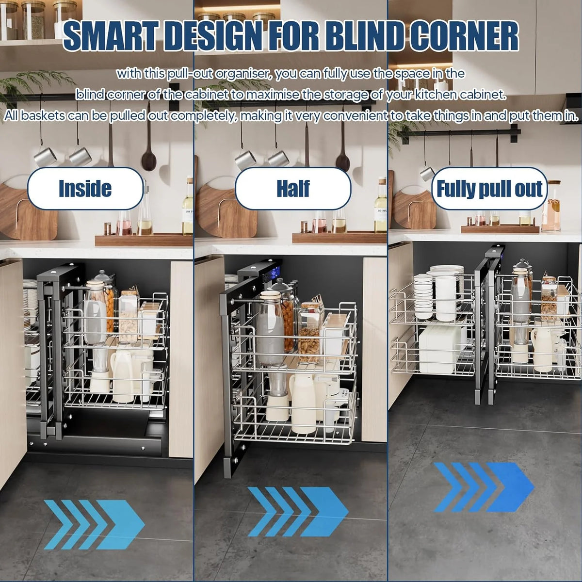 36 Blind Corner Pull Out Organizer.2 Tier 4 Shelf Kitchen Cabinet Organizer. Chrome Carbon Steel Storage Basket. Left Open & Right Open Compatible.for Blind Corner Kitchen or Bathroom Cabinet
