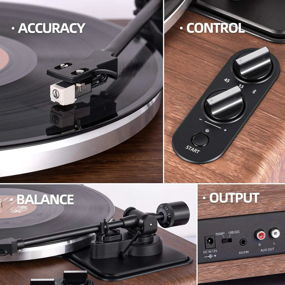 High Fidelity Belt Drive Turntable with Built-in Speakers. Vinyl Record Player with Magnetic Cartridge. Bluetooth Playback and Aux-in Functionality. Auto Off