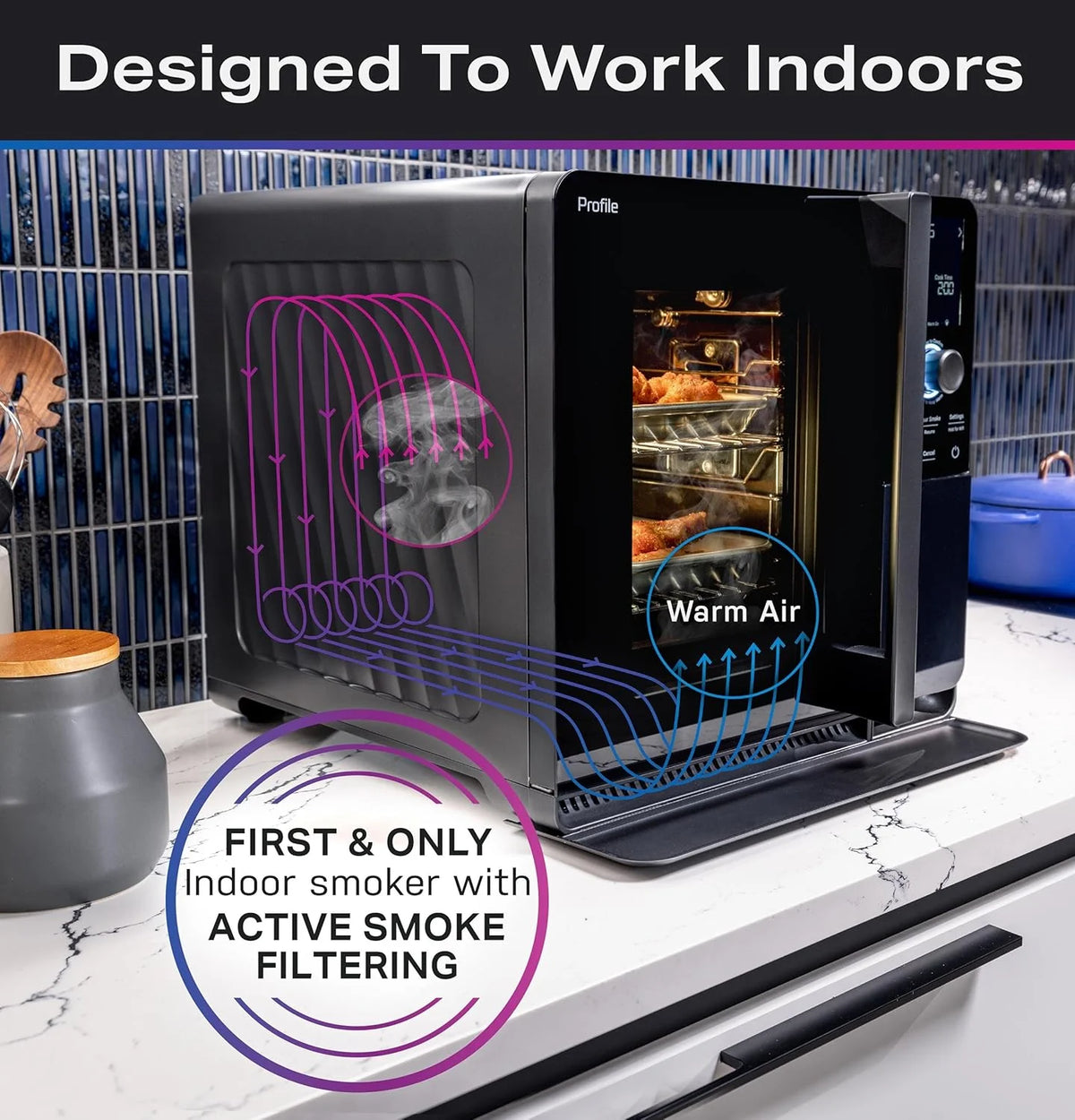 Smart Indoor Pellet Smoker. with Active Smoke Filtration. 5 Smoke Control Settings. WiFi Connected. Electric. Countertop BBQ Appliance. Black