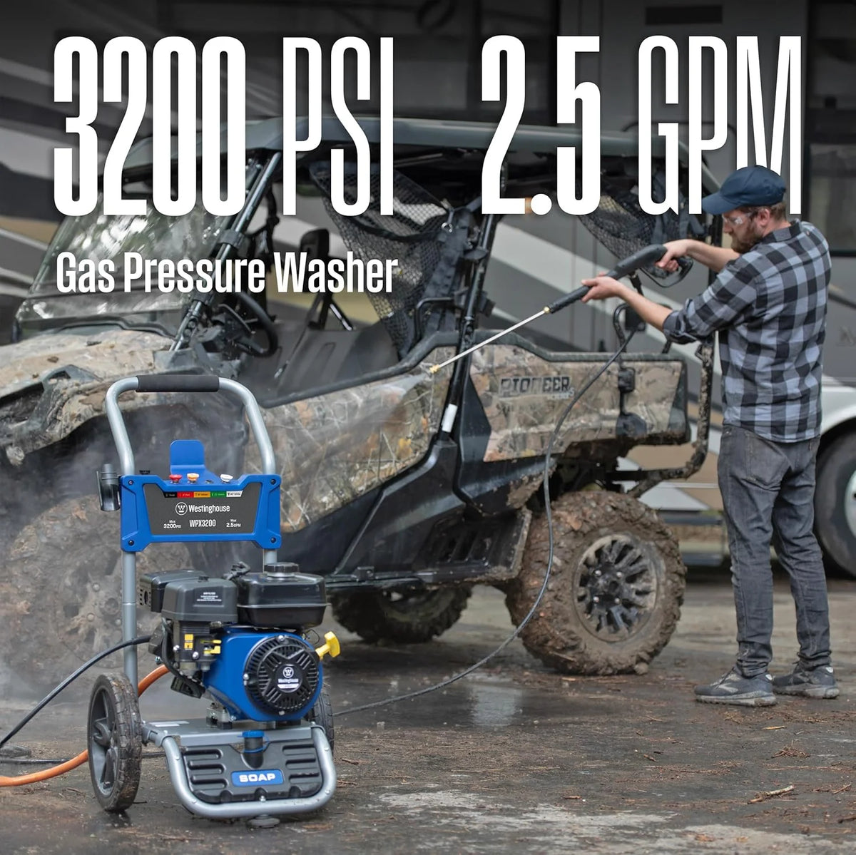 WPX3400 Gas Pressure Washer. 3400 PSI and 2.6 Max GPM. Onboard Soap Tank. Spray Gun and Wand. 5 Nozzle Set. for Cars/Fences/Driveways/Homes/Patios/Furniture