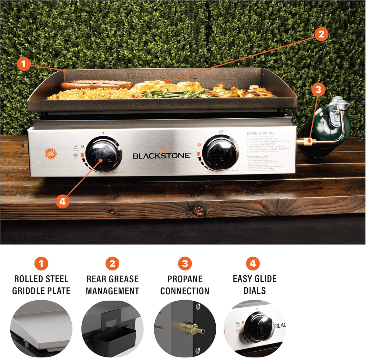 1813 Original 22 Tabletop Griddle with Hood and Stainless Steel Front Plate. Powder Coated Steel. Black