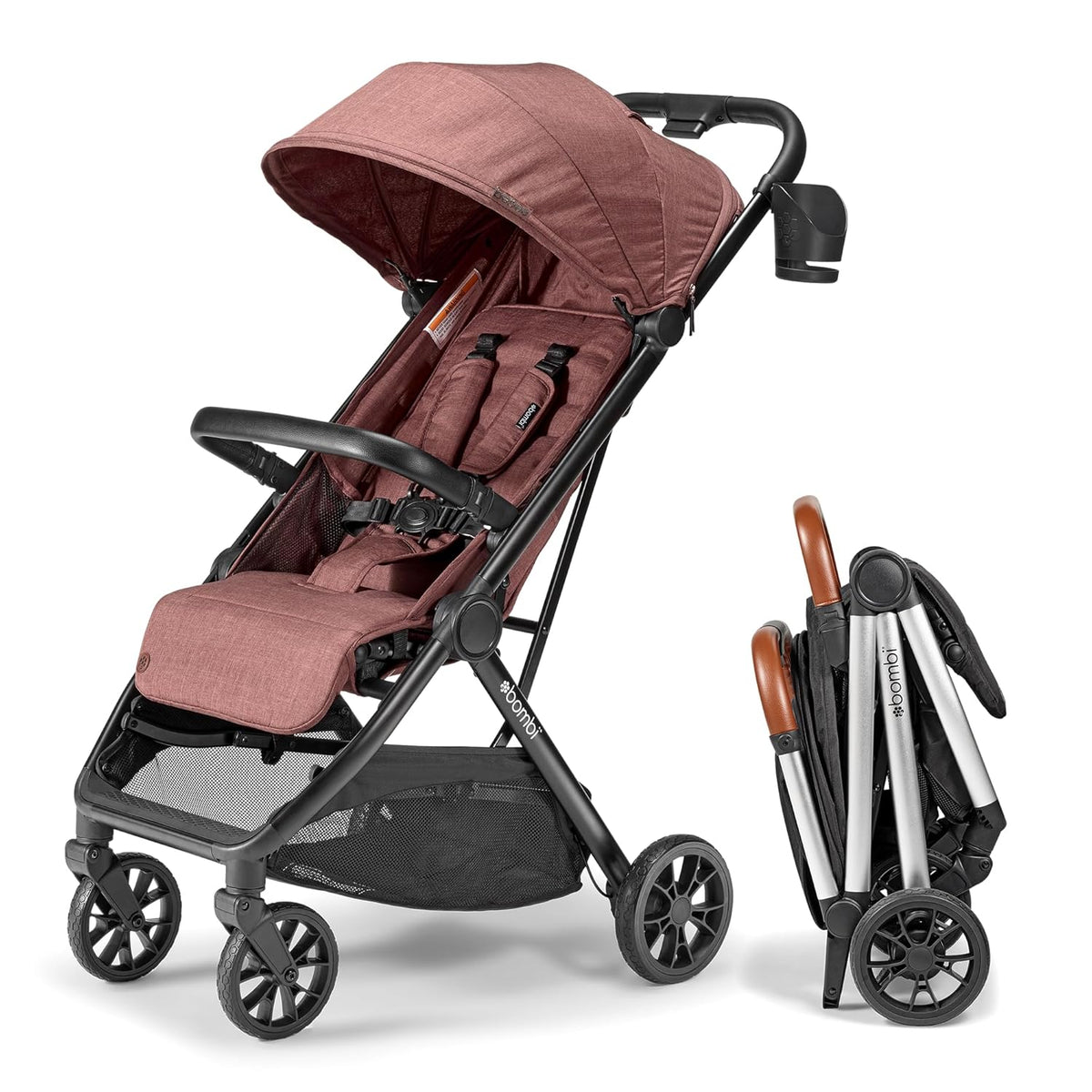 V2 Compact Baby Stroller - Premium vegetarian leather material. one-handed folding. infinitely adjustable tilt angle. aerospace-grade aluminum frame. oversized sunshade. spacious storage space. folding umbrella-style baby stroller - Desert Berry Colo