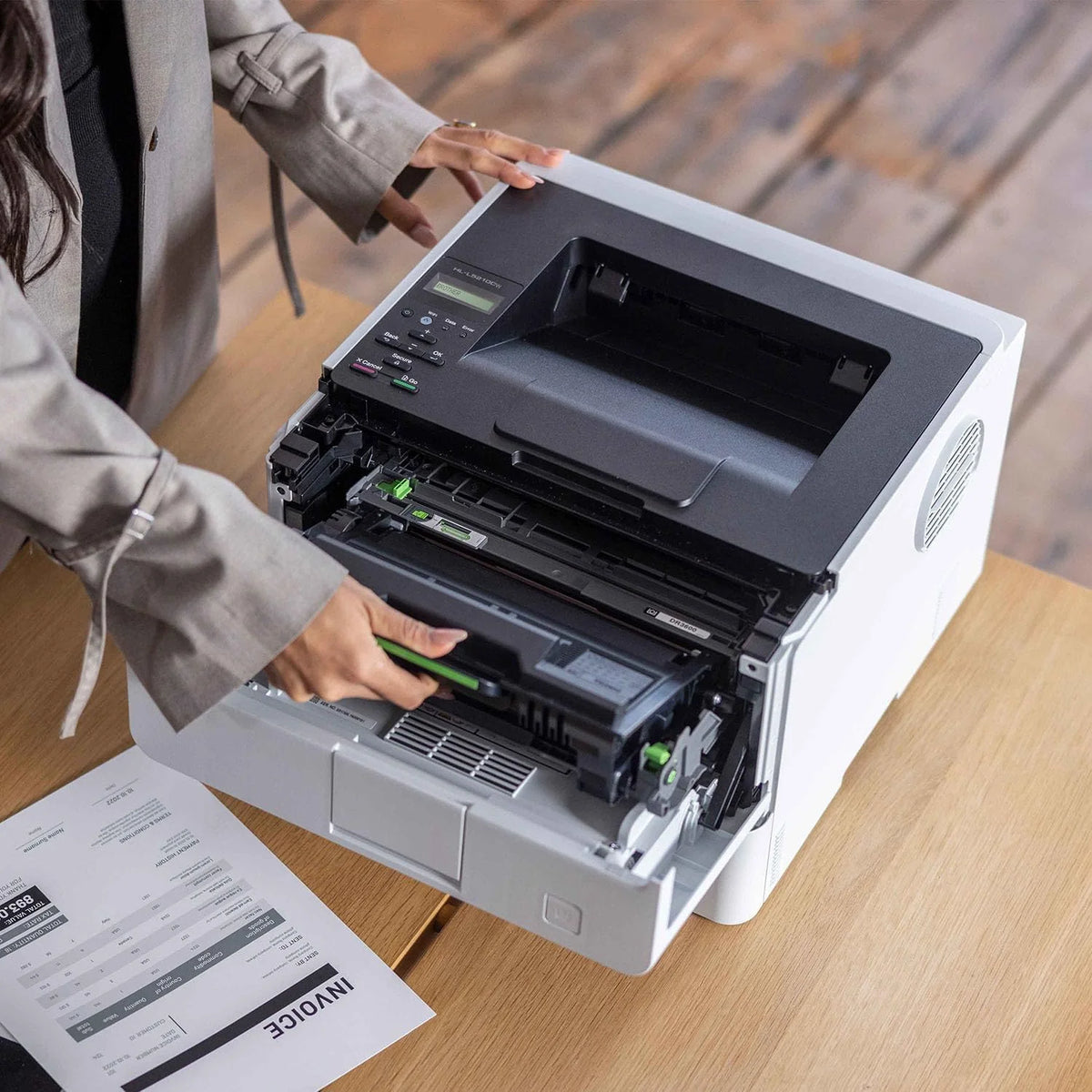 Business single-color laser printer. equipped with dual paper trays. wireless network and gigabit Ethernet connection. double-sided printing. large-capacity paper storage and mobile printing function. white model