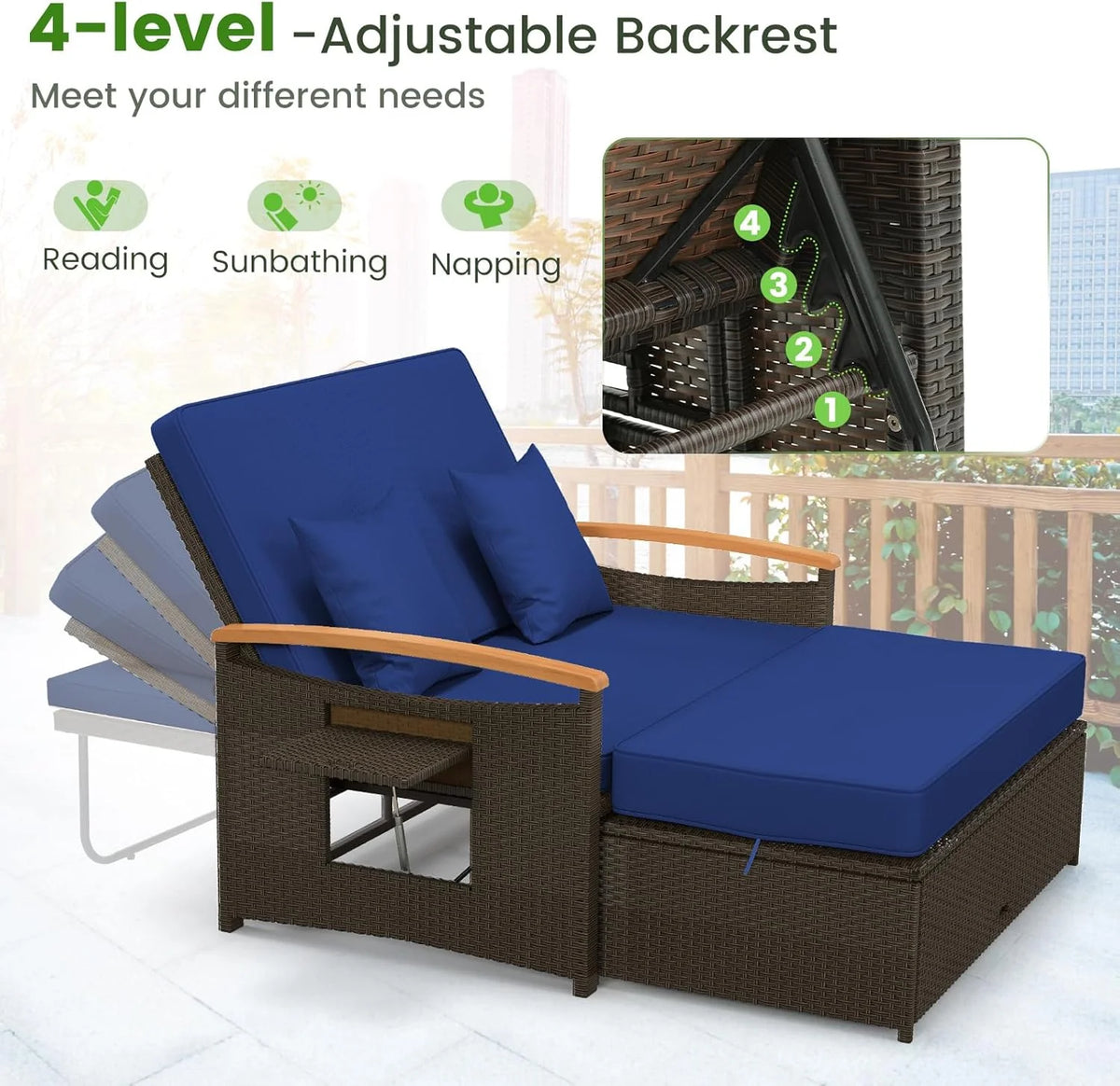 Moccha Outdoor Wicker Daybed. Patio Rattan Loveseat Sofa w/ 4-Level Adjustable Backrest. Folding Panels. Storage Ottoman & Cushions. Lounge Furniture Set for Poolside Backyard Porch (Beige)