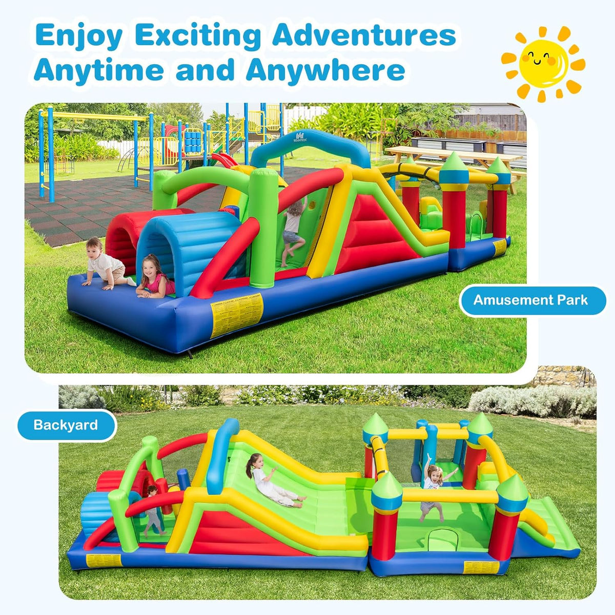 Inflatable Obstacle Course Bounce House. Kids Huge Sectional Bouncy Castle with Dual Slides. Tunnels. Bounce Area. Climbing. Obstacles. Playhouse for Kids Indoor Outdoor Birthday Party Gift