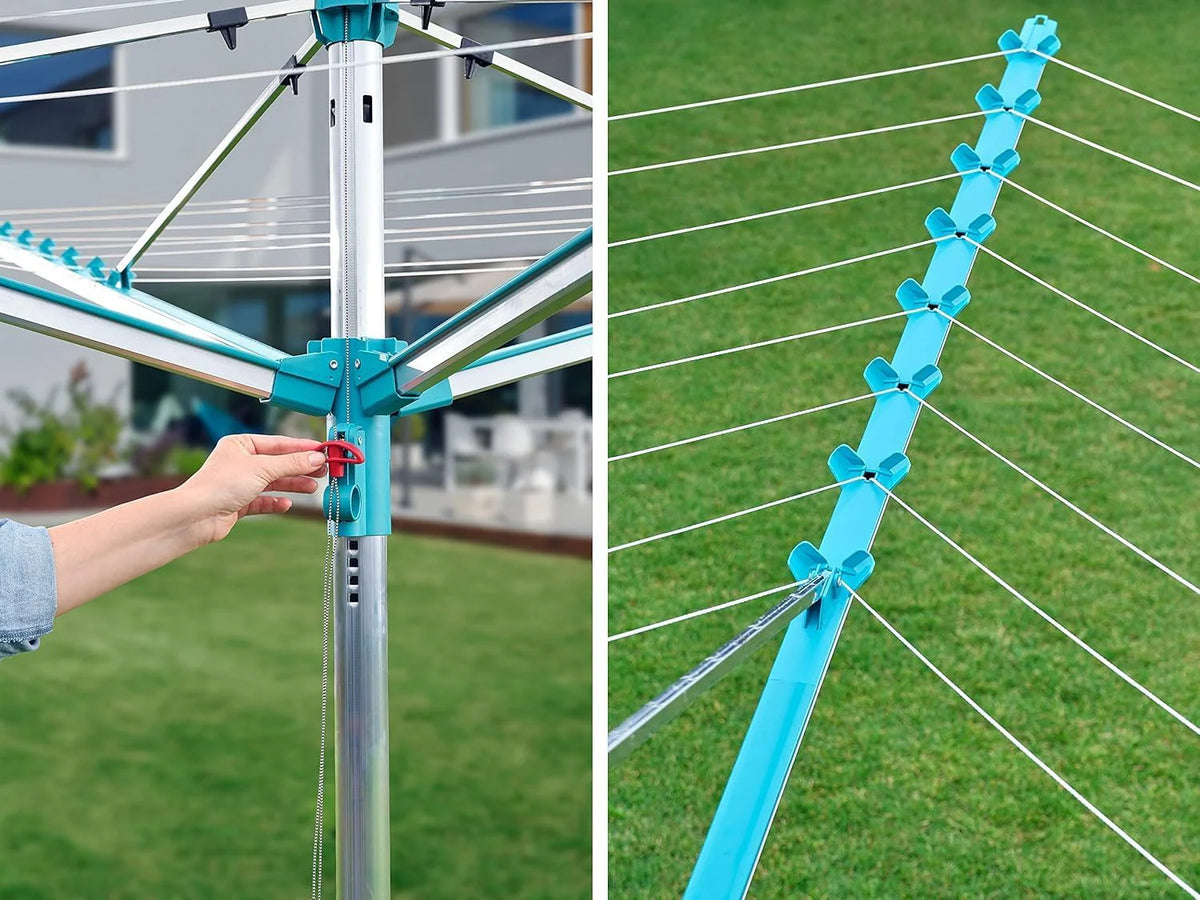 Simple drying machine. extendable by 50 meters to maintain cleanliness. made of fully rust-free aluminum material. with a shaft diameter of 3.28 meters and a maximum length of 2.03 meters. It has a pull-out rotating clothes drying rack. emerald green