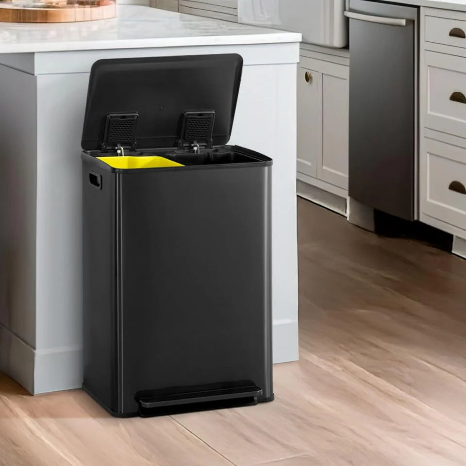 CAPHAUS Dual Trash Can with Double Lid. Trash and Recycle Bins Combo. Hands-free Stainless-Steel Garbage Can for Kitchen. with 2 Compartment. Hinged Lid. Odor Filters. Handles. 25L+25L. 2 x 6.6 Gallon