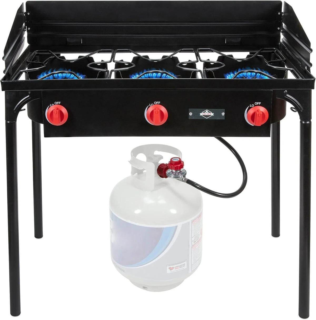 Dual-burner outdoor gas stove | 150.000 British thermal units portable propane stove. with blue flame control. detachable legs. temperature control knob. windproof panel. hose. regulator and storage box