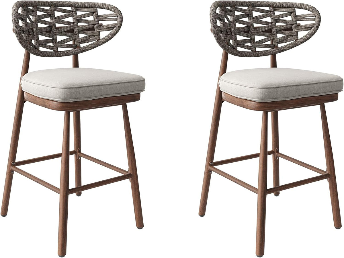 Outdoor Bar Stools Set of 2.Rattan Barstools Woven.29'' Bar Height Stools with Backrest and Teak Leg.Aluminum Bar Chairs Boho Bar Stool with Cushions.Tall Barstool for Patio.Teak