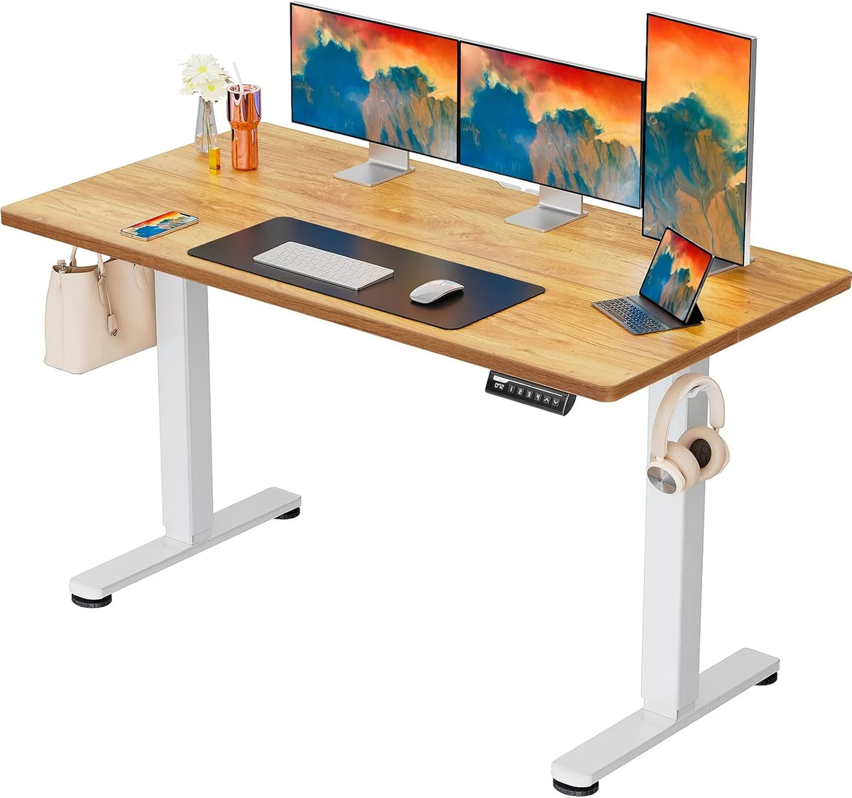 Height Adjustable Electric Standing Desk. 40 x 24 Inches Sit Stand up Desk. Small Memory Computer Home Office Desk with Two-Piece Desktop (Light Vintage Brown)