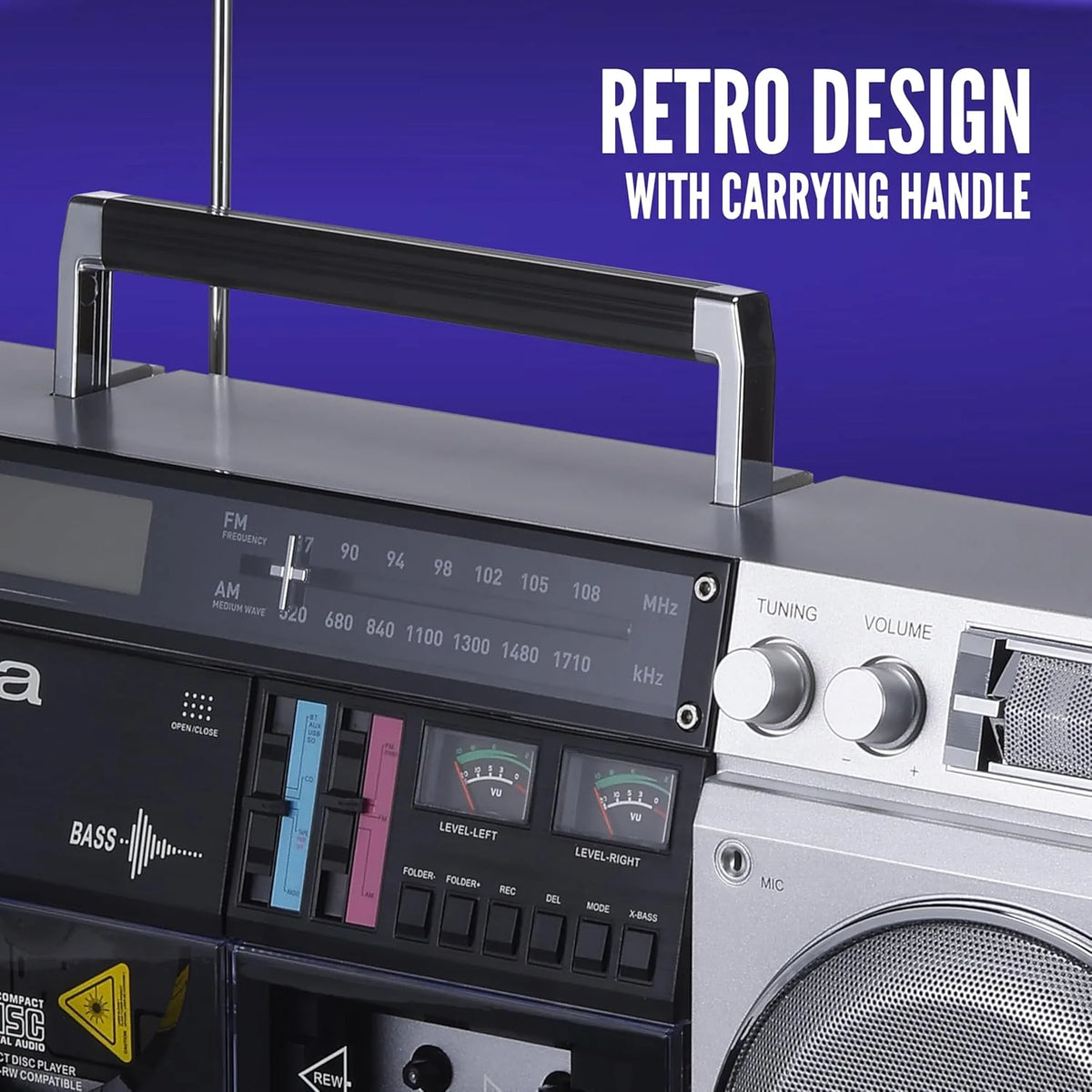 Retro-style portable CD player. featuring tape recording function. Bluetooth 5.0 technology. FM/AM radio. USB/SD/AUX input interfaces. VU meter. LCD display. dual 40-watt speakers - silver