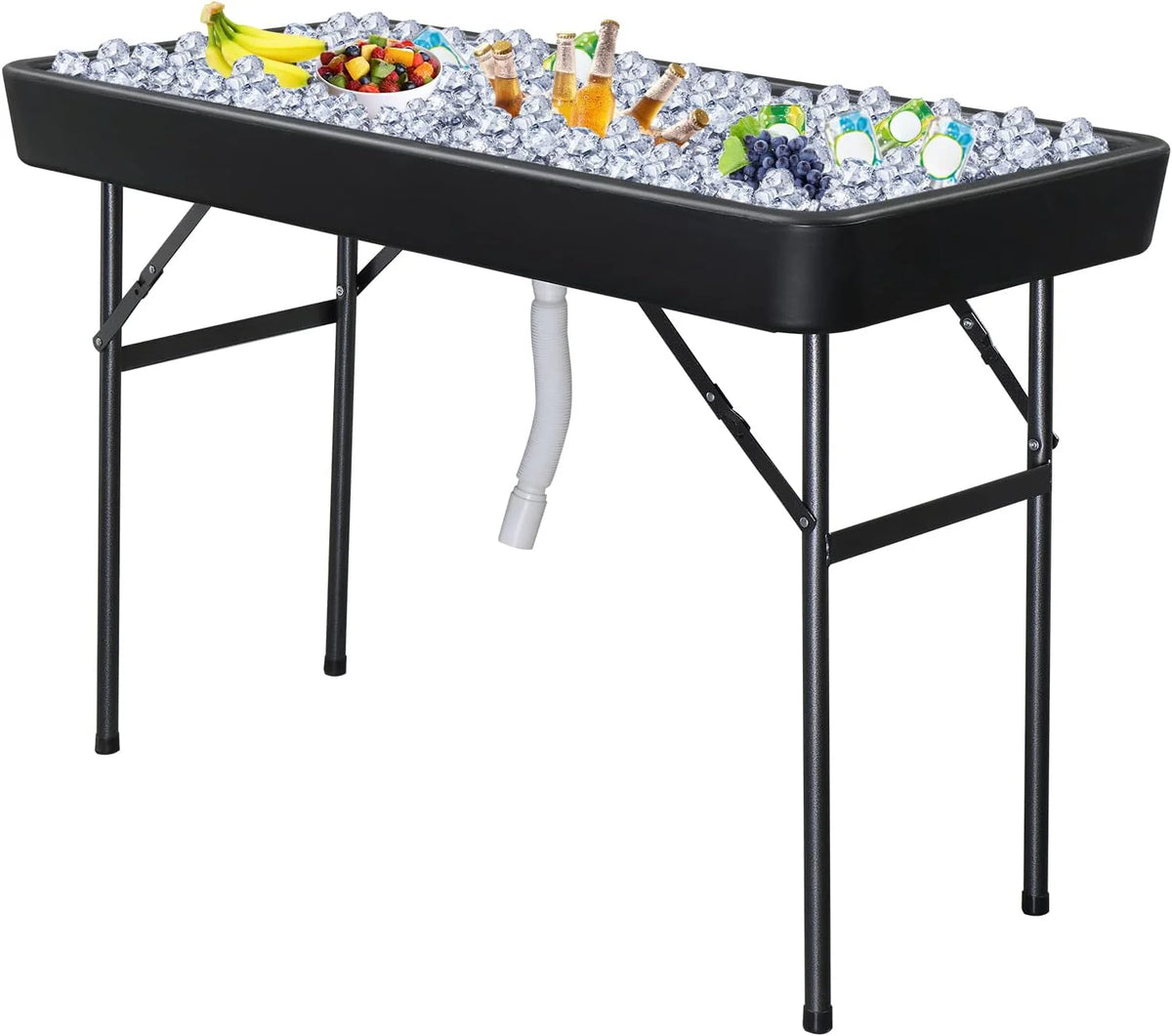 4 feet black ice crystal table. portable rear panel camping fishing cleaning table. plastic material with matching skirt. suitable for parties. barbecues. camping and picnics as an ice chest
