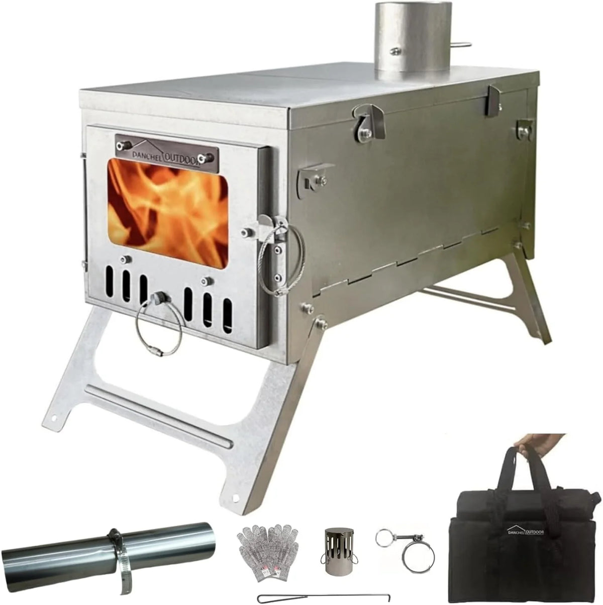 Titanium alloy tent wood stove for camping. 2 kilograms. foldable. lightweight and compact portable heat tent stove. comes with a 2.2-meter chimney. suitable for winter backpacking camping.