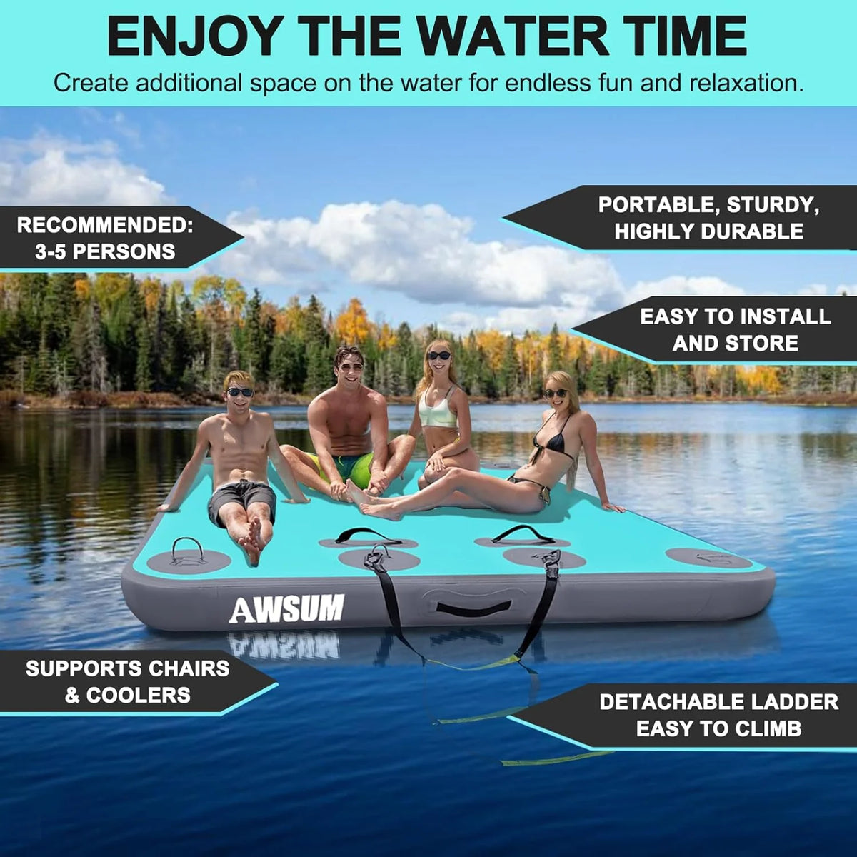 Inflatable Floating Dock Air Dock Platform Floating Island Raft with None-Slip Surface for Pool Beach Ocean