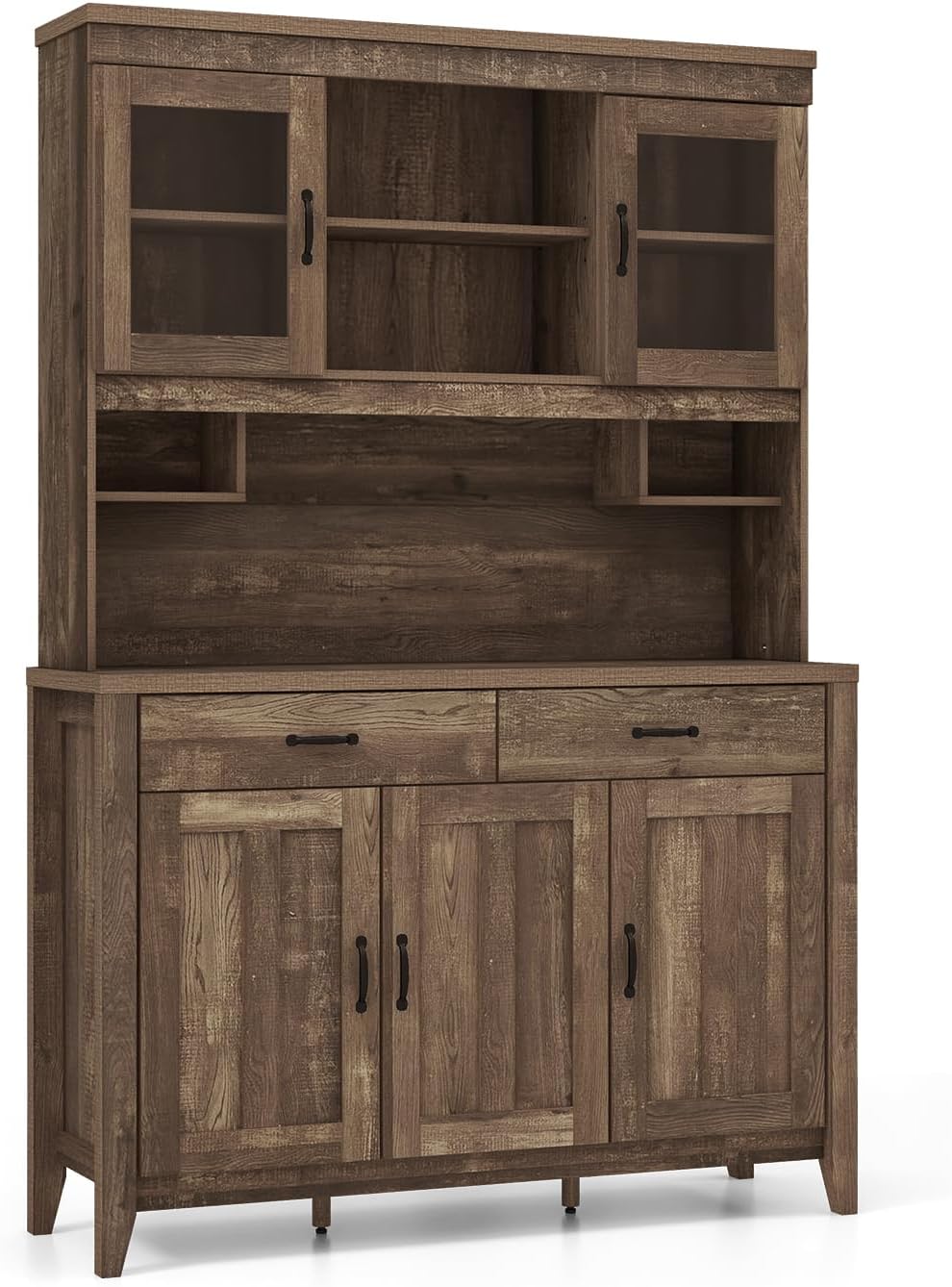 78.5-inch high kitchen cabinet storage unit. large storage cabinet with glass doors. equipped with drawers and adjustable shelves. The wooden kitchen storage unit has a microwave shelf. suitable for a home coffee bar.