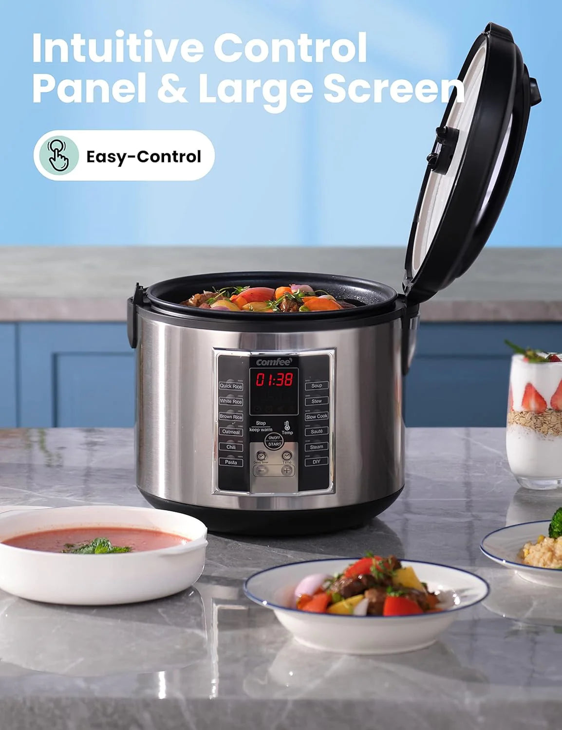 Compact electric rice cooker. 6-in-1 stainless steel multi-functional cooking utensil. slow cooker. steamer. frying pan. heater and warmer. 2-gallon capacity (8 cups cooked. 4 cups uncooked). suitable for brown rice. quinoa and oats. 6 one-button pro