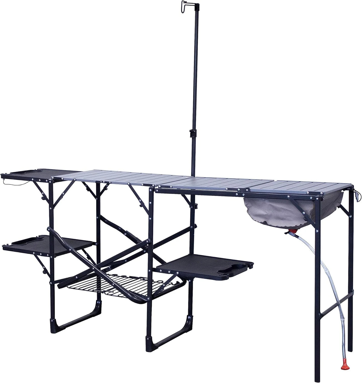 Outdoor chef station | Portable folding kitchen table. equipped with a soft-shell sink. heat-resistant tabletop and telescopic lamp pole. ideal for camping trips