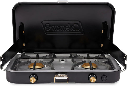 The 1900 series three-in-one propane camping stove. featuring a cast iron grill and frying pan accessories. has a power output of 24000 watts. It is equipped with an adjustable flame cover and excellent lighting device. and comes with two adjustable