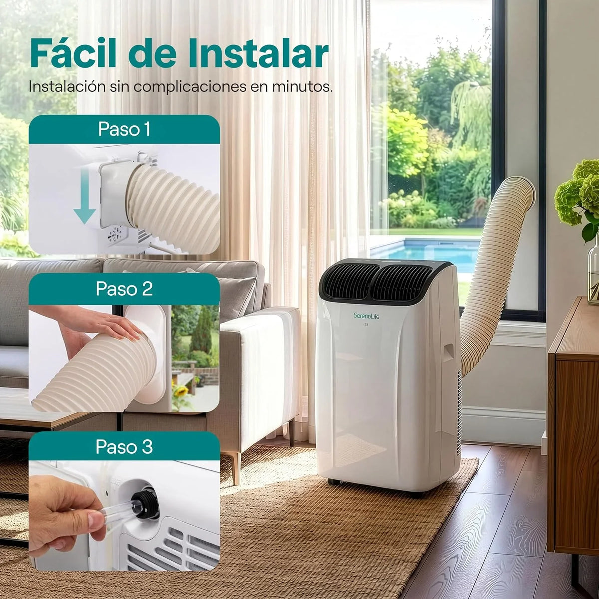 SereneLife Aire Acondicionado Portátil 14000 BTU con WiFi. Climatizador 3 en 1 Frío. Ventilación y Deshumidificador. Smart con Kit de Ventana. para