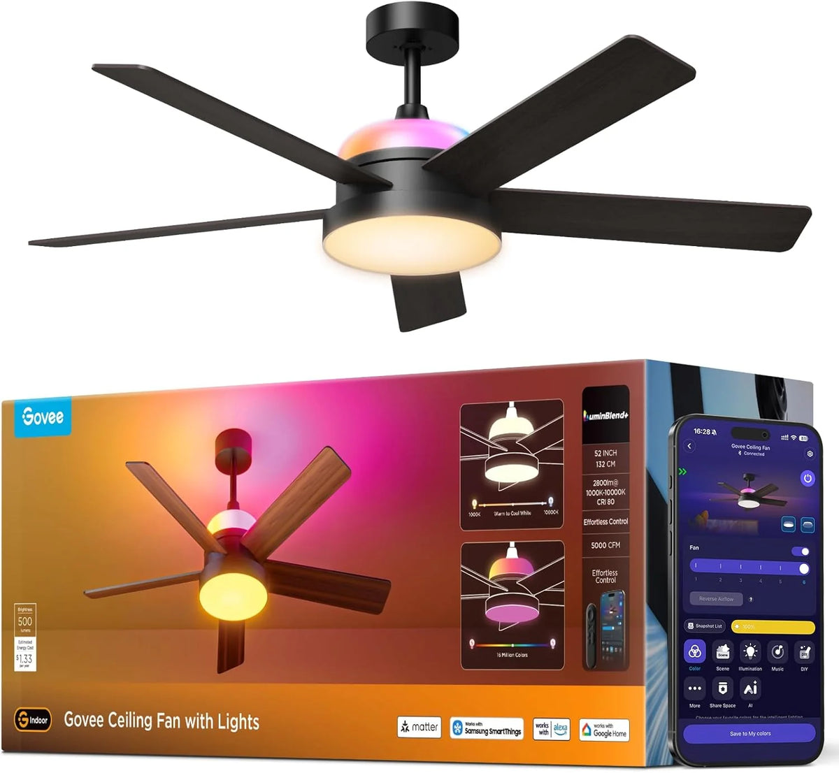 Govee Deckenventilator mit Beleuchtung RGBIC. Ø132cm Smart Leise Deckenventilator mit Licht und Fernbedienung. 2800 lm. Reversibler DC Motor.