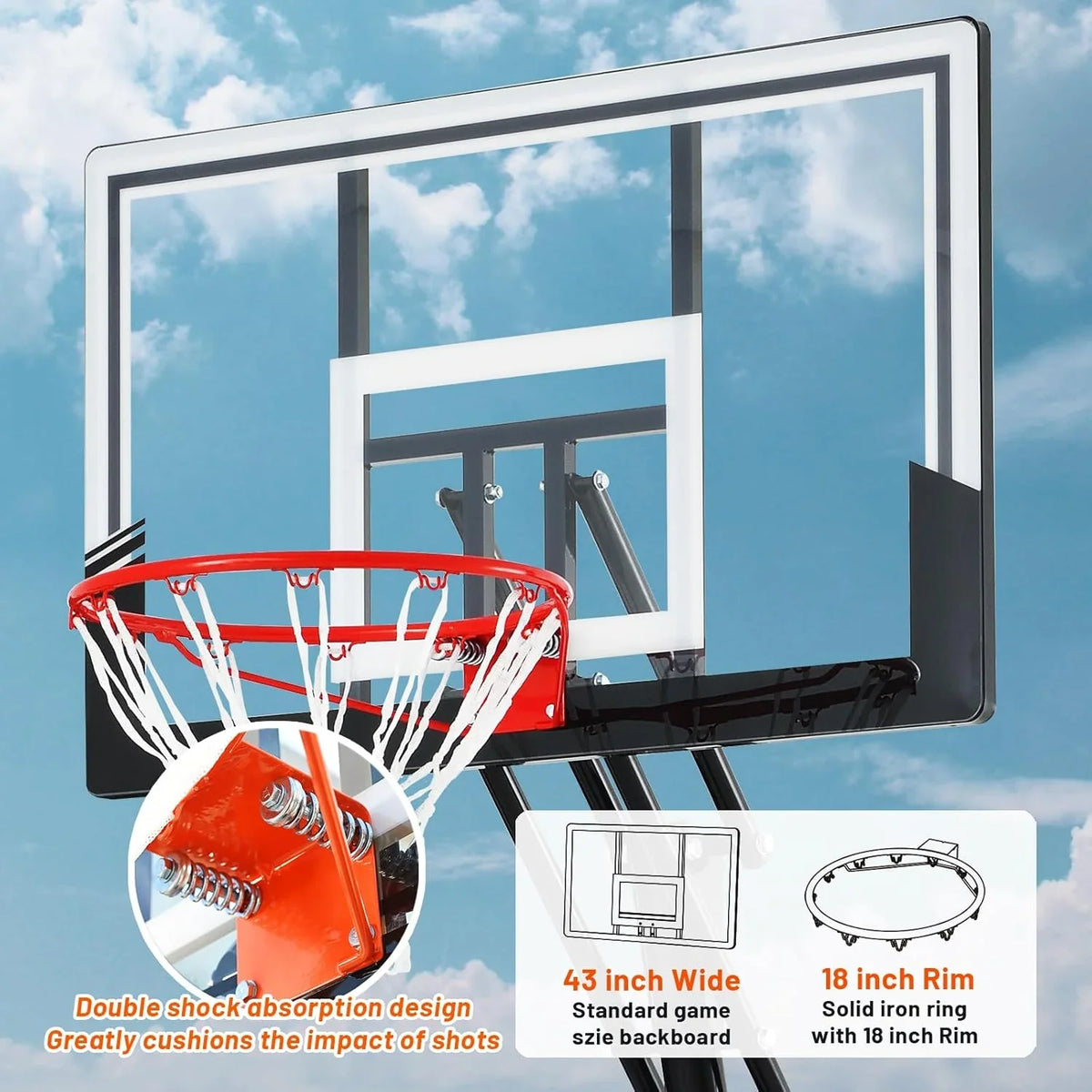 Basketball Hoop 48 Inch Backboard Portable Basketball Hoop Outdoor.5.3-10ft Stepless Regulation Crank Adjust Basketball Goal System