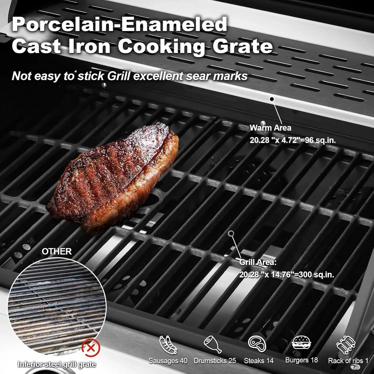 4-Burner Propane Gas Grill with Cast Iron Grates. Side Stove and 44.000 BTU Stainless Steel Burners