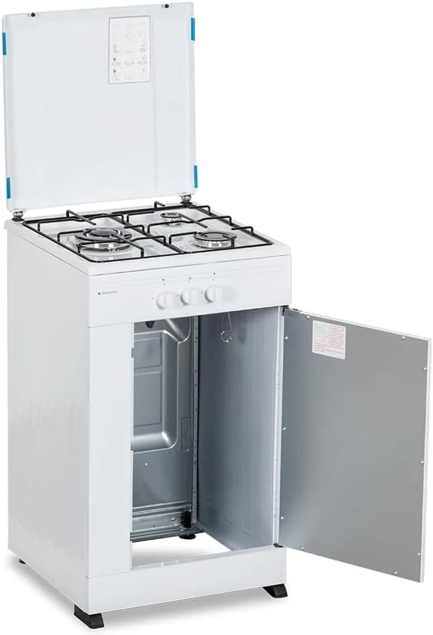 Aspes Cocina Gas Butano 3 Zonas de Cocción. Blanco AKG3500PB. Control Manual. Quemador WOK triple llama. Compartimento Bombona. Tapa Abatible