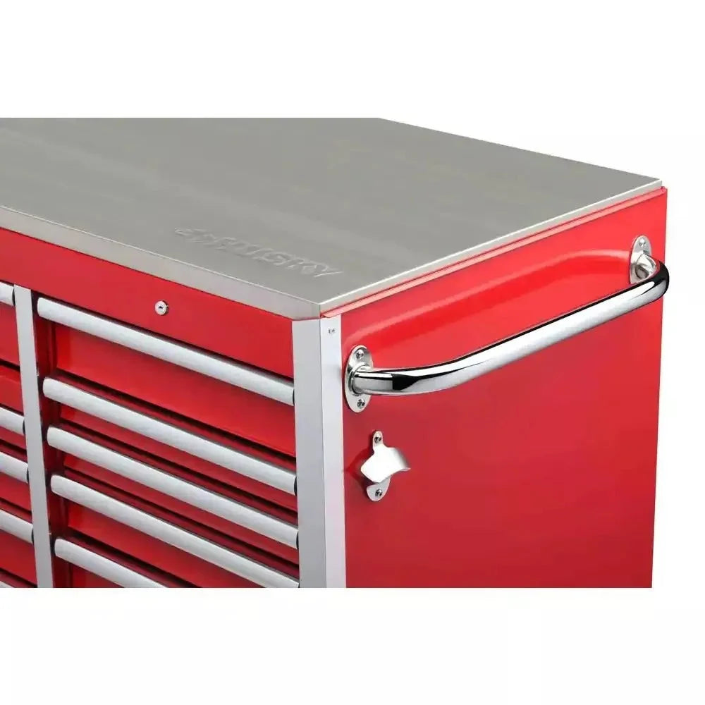 72-Inch W x 24-Inch D 15-Drawer Heavy-Duty Tool Chest Mobile Workbench. Stainless Steel Top. Dual Locks. Red