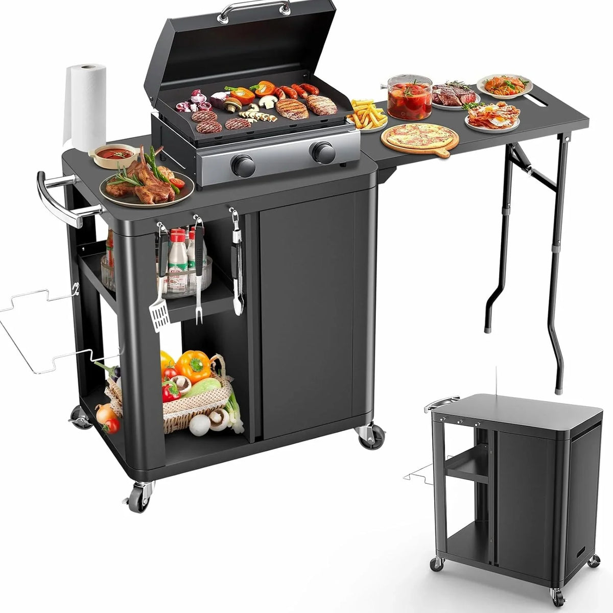 Outdoor Grill Table Cart 57x24x35. Outdoor Kitchen Island with Storage & Large Tabletop for Blackstone Griddle. Ooni Pizza Oven. Ninja Woodfire Grill. BBQ Station. Dining Cart. Rolling BBQ Table