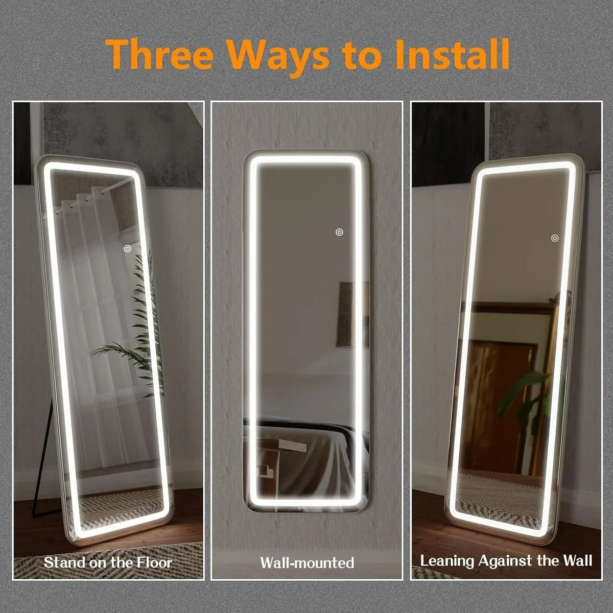 64 x 21 Inch Full Length LED Floor Mirror with Stand. Full Body Wall Mounted Mirror