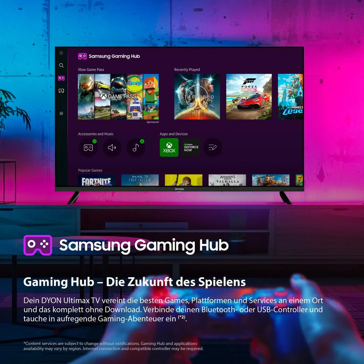 DYON ULTIMAX 40F-TI - 40 Zoll (100 cm) Full-HD Smart TV mit Tizen OS. Triple Tuner (DVB-C/-S2/-T2). Smart & Gaming Hub. Prime Video. Netflix. Disney+