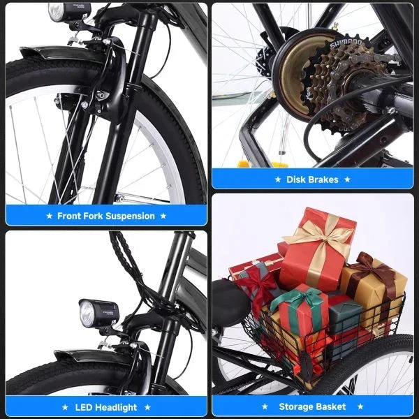 26 Inch Adult 3 Wheel Electric Tricycle with Basket. Fat Tires.7 Speeds.350W Powerful Motor. 36V 10Ah Removable Battery – Dark Gray