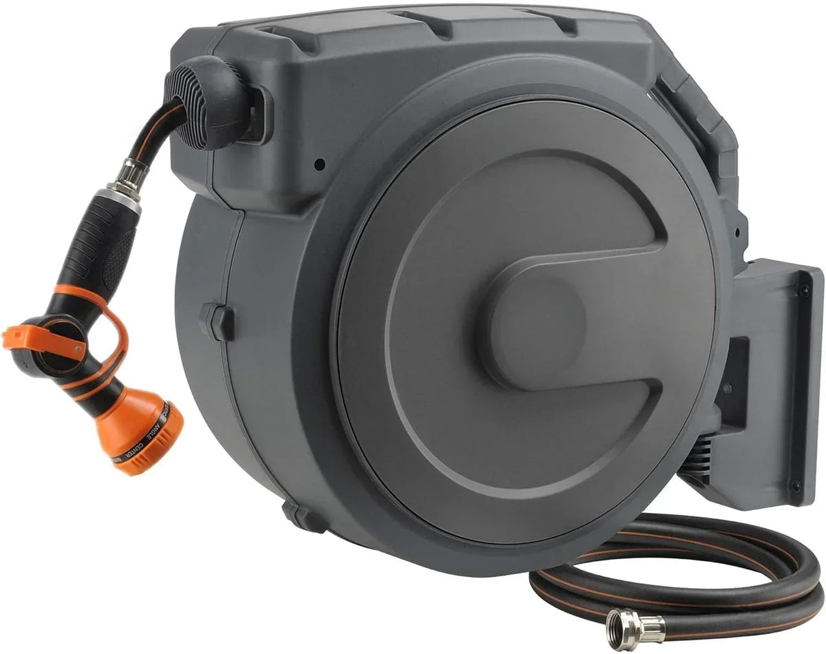 Retractable Garden Hose Reel 1/2 Inch x 130 ft. Super Heavy Duty. Any Length Lock. Slow Return System. Wall Mounted and 180 Deg Swivel Bracket