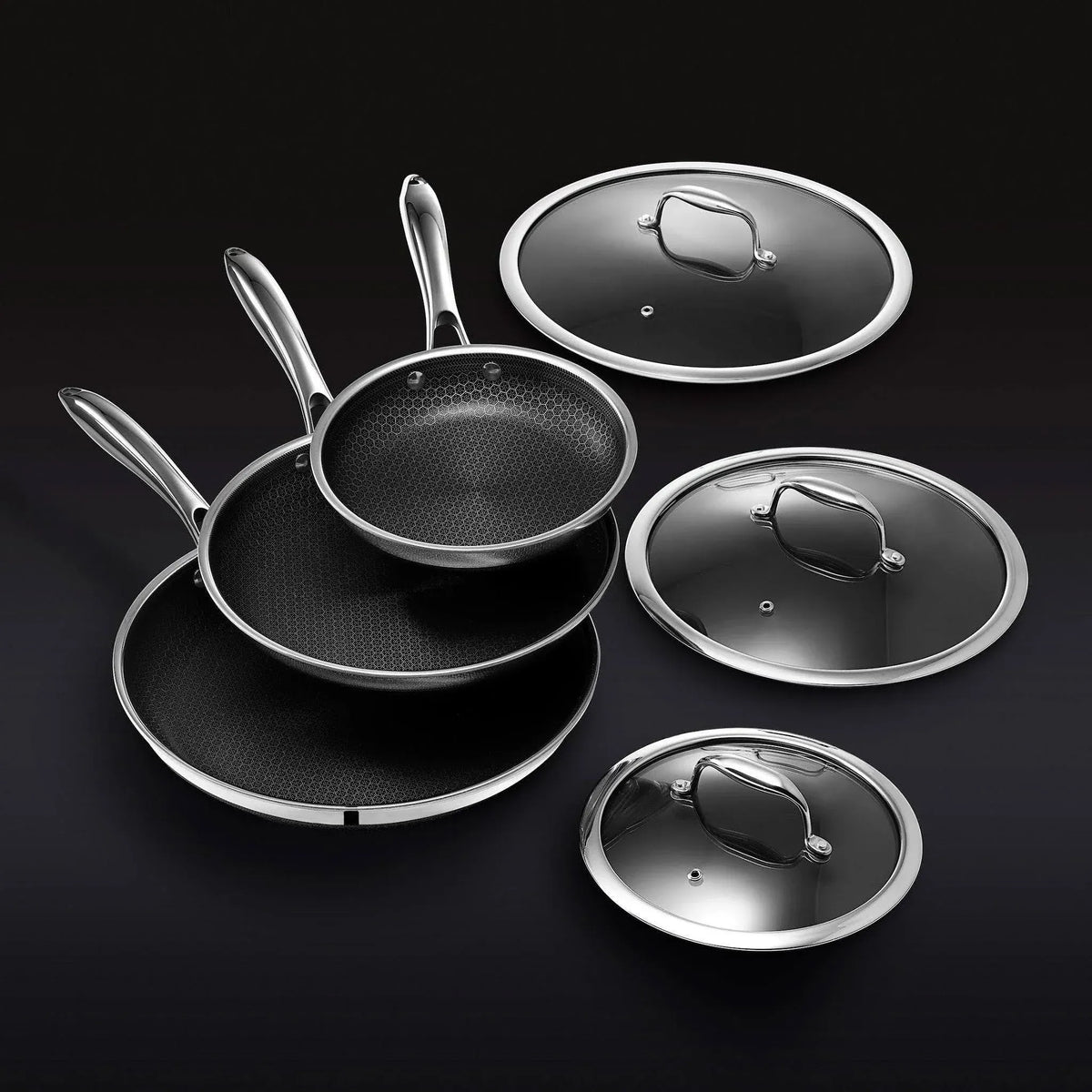 6-Piece Hybrid Stainless Steel Pan Set with Glass Lids. 8-Inch. 10-Inch and 12-Inch. Black